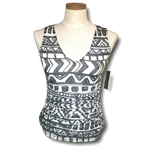INC International Concepts Tribal Ruched Cut Out Back Black White Top SP - Picture 3 of 16